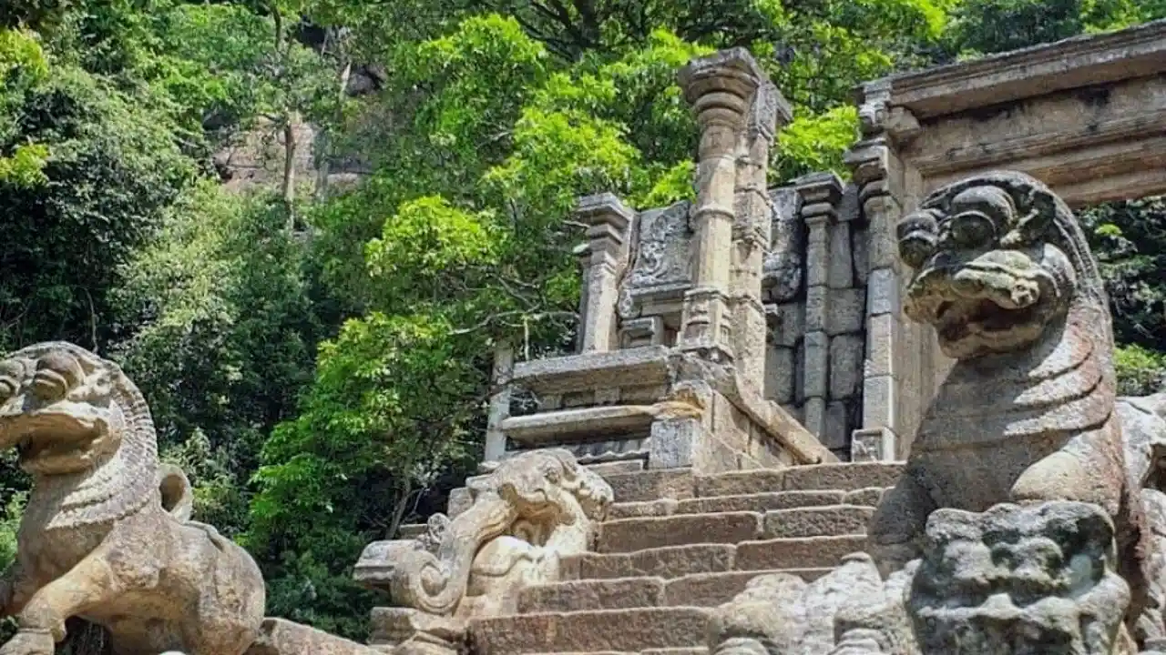 Ornamental stone staircase at Yapahuwa Rock Fortress in Sri Lanka
