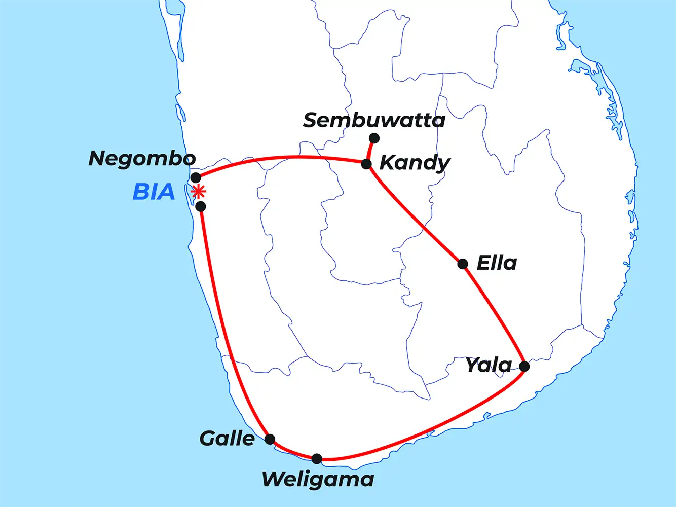 Route map of the 10-day Sri Lanka honeymoon from Kandy via Hunas Falls and Ella to Yala and Weligama on the south coast