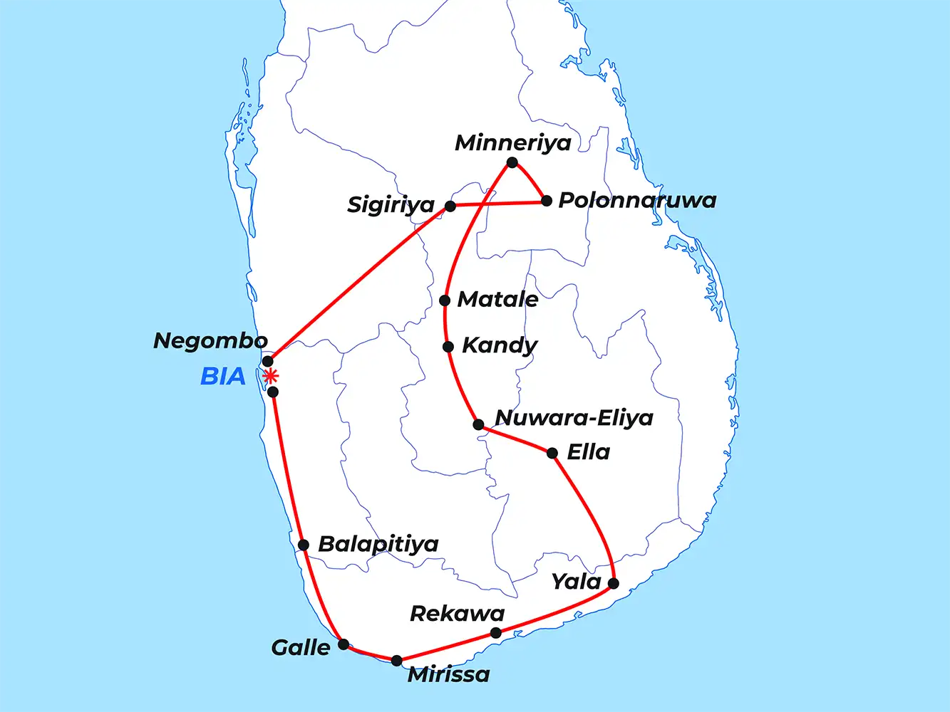 10-day Sri Lanka family holiday route map – Sigiriya, Kandy, Ella, Yala and Mirissa