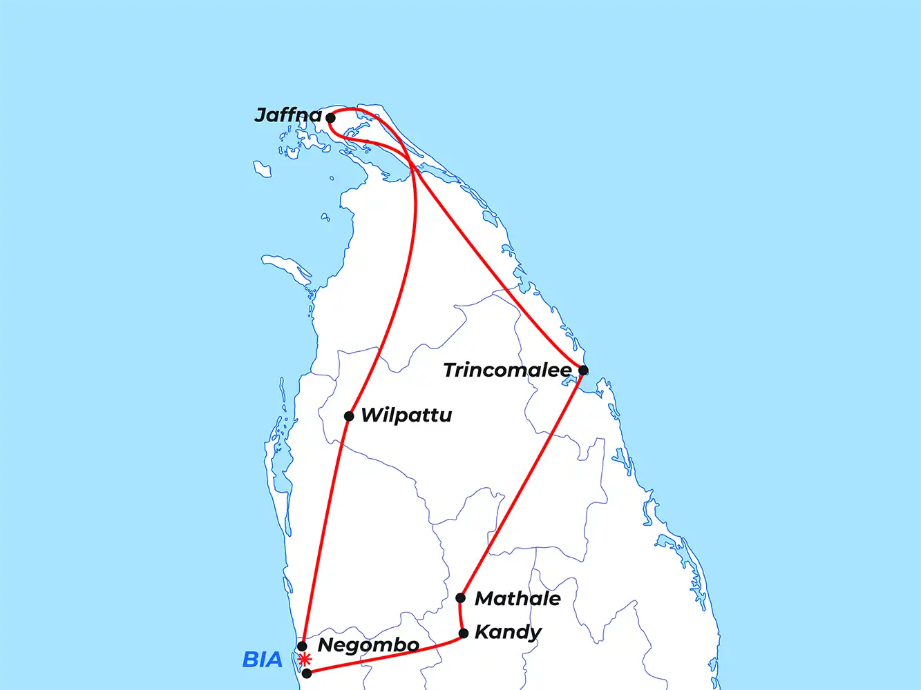 Jaffna cultural tour route map in northern Sri Lanka