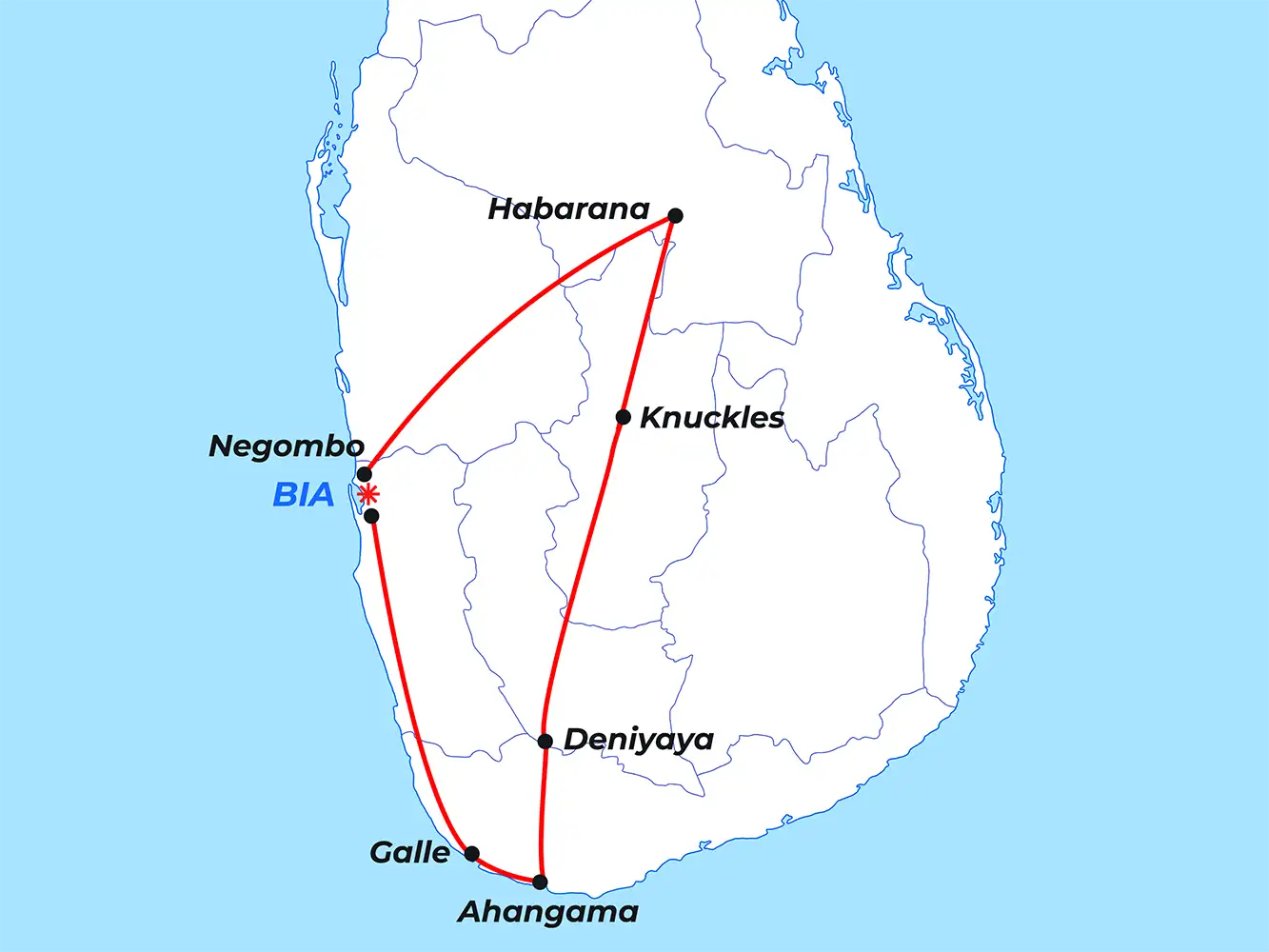 Route map of the 7-day rural Sri Lanka honeymoon from Habarana to Knuckles, Sinharaja rainforest and Ahangama coast