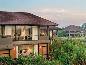 Water Garden Sigiriya luxury resort villas surrounded by gardens and lotus ponds near Sigiriya Rock, Sri Lanka